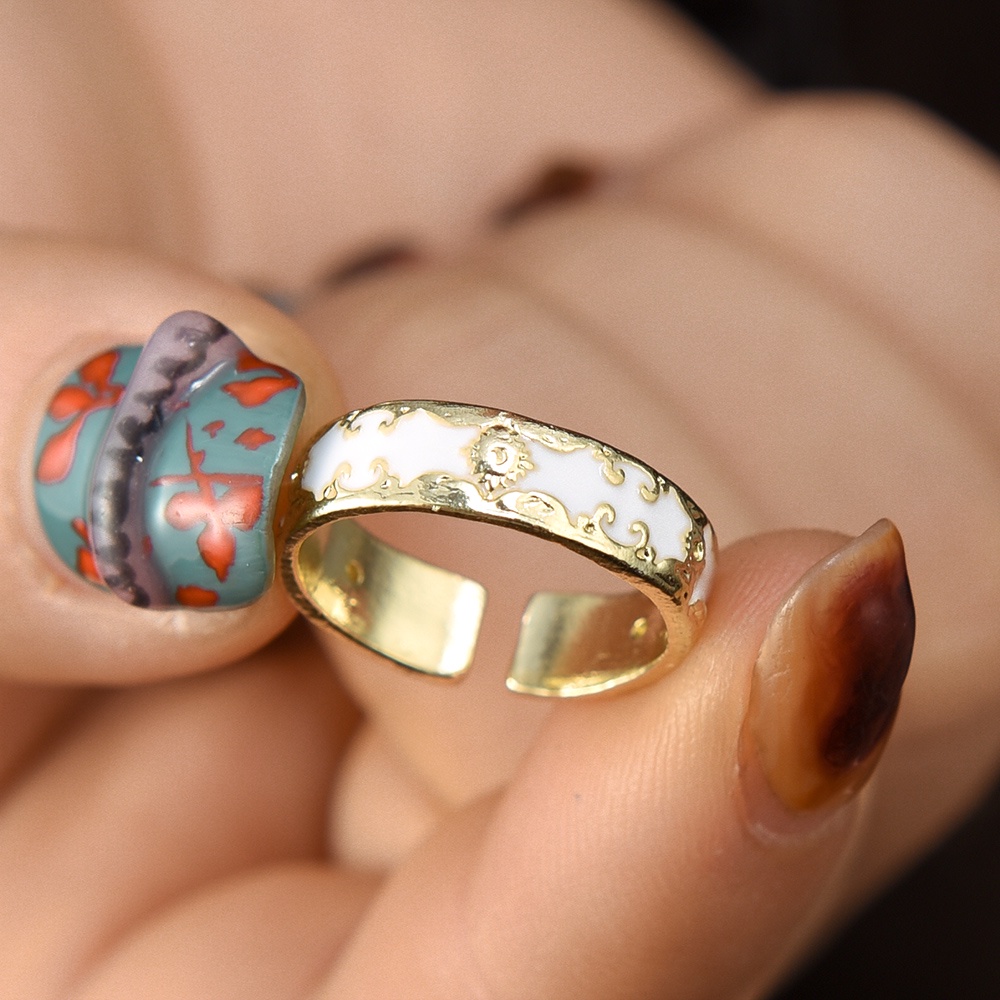 [Harga Grosir] Fashion Desain Indah Enamel Cincin Vintage Pasangan Cincin Perhiasan Yang Tidak Biasa Masa Kini Trendi Mewah Terbuka Cincin Yang Dapat Disesuaikan Retro Emas Enamel Proses Pola Cincin