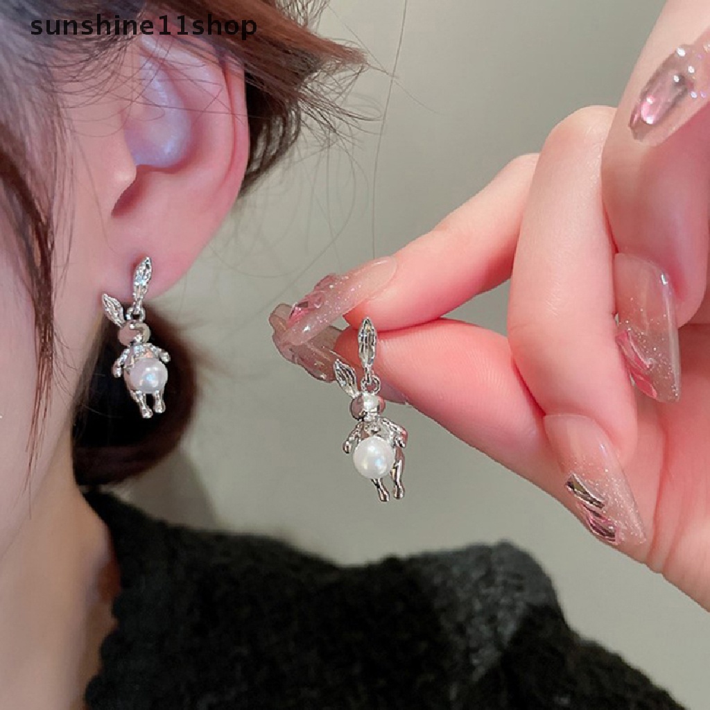 Sho Kartun Logam Kelinci Mutiara Stud Anting Untuk Wanita Kreatif Menyenangkan Romantis Manis Pesona Anting Aesthetic Fashion Perhiasan Baru N