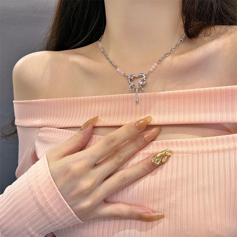 IFYOU Kalung Liontin Kristal Pink Hati Choker Rantai Silver Untuk Aksesoris Perhiasan Wanita