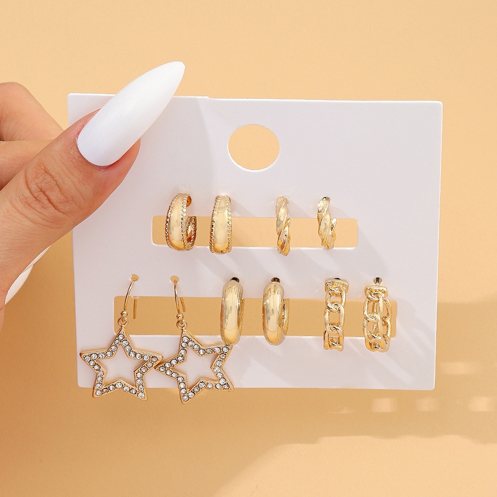Set Anting Berbentuk C Retro Bintang Berujung Lima Lingkaran Berlian Anting Set