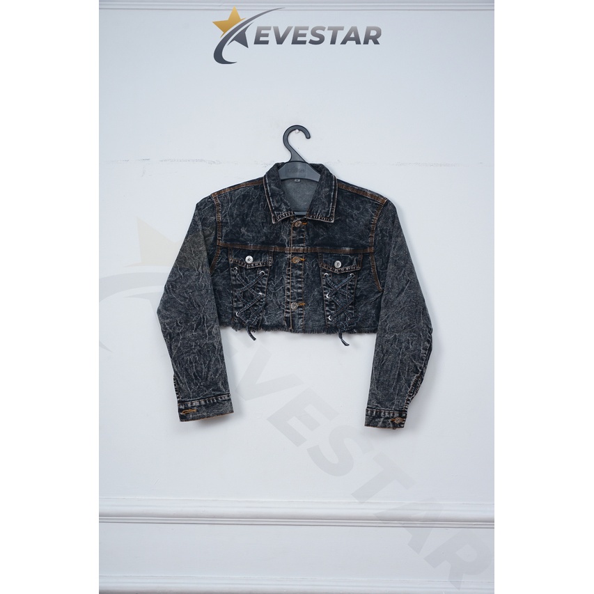 Jaket Kancing Crop Top Tali Navy Wanita Jaket Stretch Lentur Berkualitas Premium Original Jaket Deni