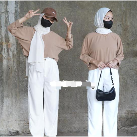 BEFAST - ZFS OOTD WANITA BLOUSE RISA / LUNIE CRINCLE AIRFLOW CROP OVERSIZE BATWING BLOUSE / Pakaian Casual Wanita / Blouse Crop Polos Formal / Outfit Daily Wanita Hijab / Fashion Kekinian Remaja ABG / Blouse Lengan Panjang Crop / OOTD Remaja Wanita