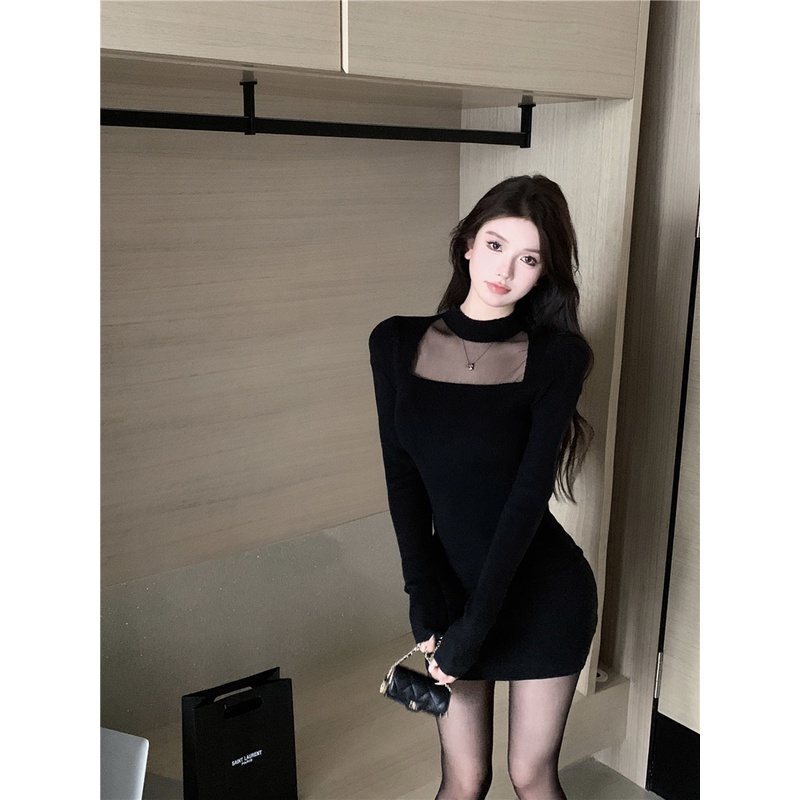 Red Mesh Splicing Kerah Setengah Tinggi Rajutan Gaun Lengan Panjang Gaun Hitam Kecil Babes Tas Pinggang Hip Rok Wanita musim Semi Rok Pendek