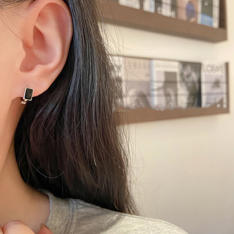 Roselife 1pasang Korea S925 Perak Hitam Persegi Panjang Kecil Anting Hoop Untuk Wanita Perempuan Chic Geometris Bulat Anting-Anting Perhiasan Hadiah