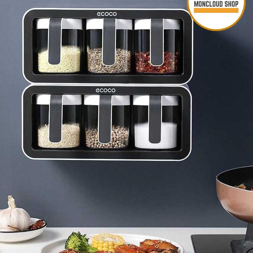 ✤ Tempat Bumbu Dapur Set Gantung Tempel Dinding Rak Bumbu Dapur Dinding Kotak Bumbu Dapur Set Sekat 