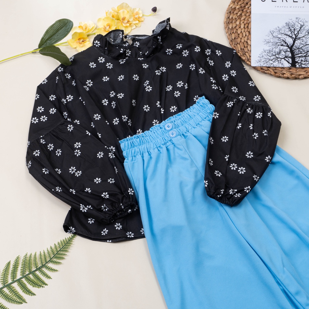 IL - SETELAN BYTHA MOTIF BUNGA TERBARU / ONE SET KULOT BUTTON 2 KANCING BAHAN CREPE PREMIUM-BYTHA HITAM+BIRU