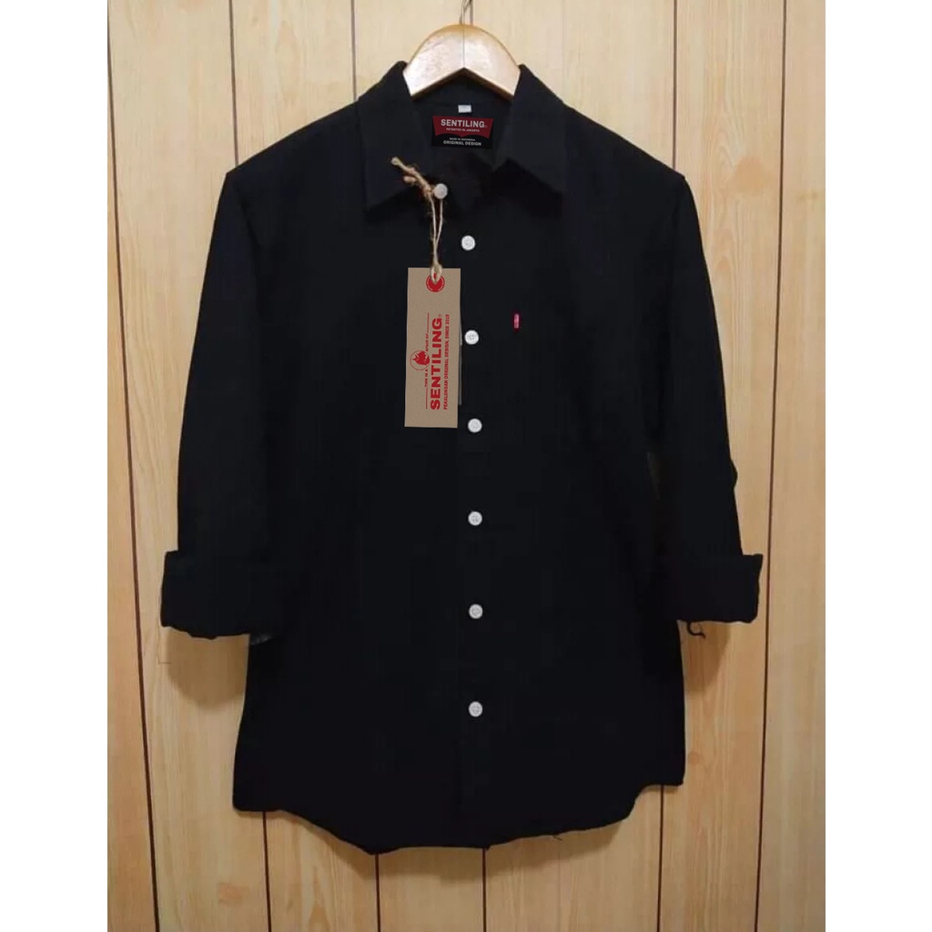 Terwuwu kemeja panjang pria cowok gatlemen cowok biru navy dongker polos formal kantor Real pick-Hitam