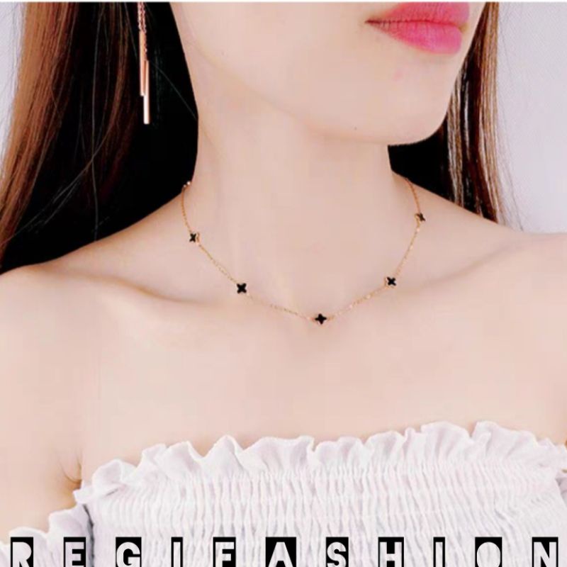 Kalung Titanium Wanita Desaign Clover Hitam Cantik Kalung Wanita Korea Terbaru Anti Karat Tidak Luntur