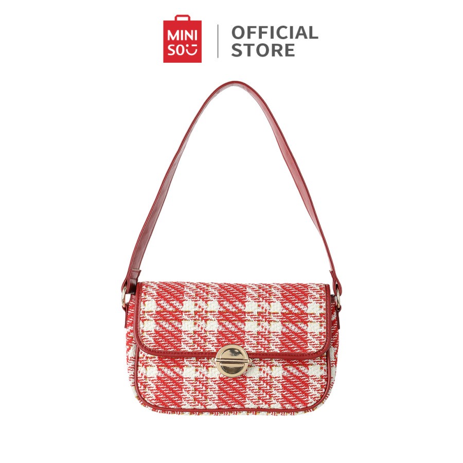 MINISO Tas Bahu Selempang Kotak-kotak Dengan Flap Panjang Disesuaikan - Merah