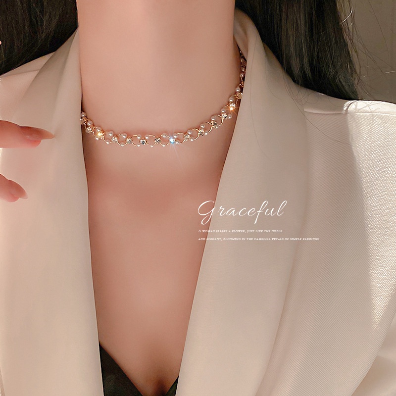 IFYOU Kalung Klavikula Emas Sederhana Choker Rantai Kristal Mutiara Untuk Aksesoris Perhiasan Wanita