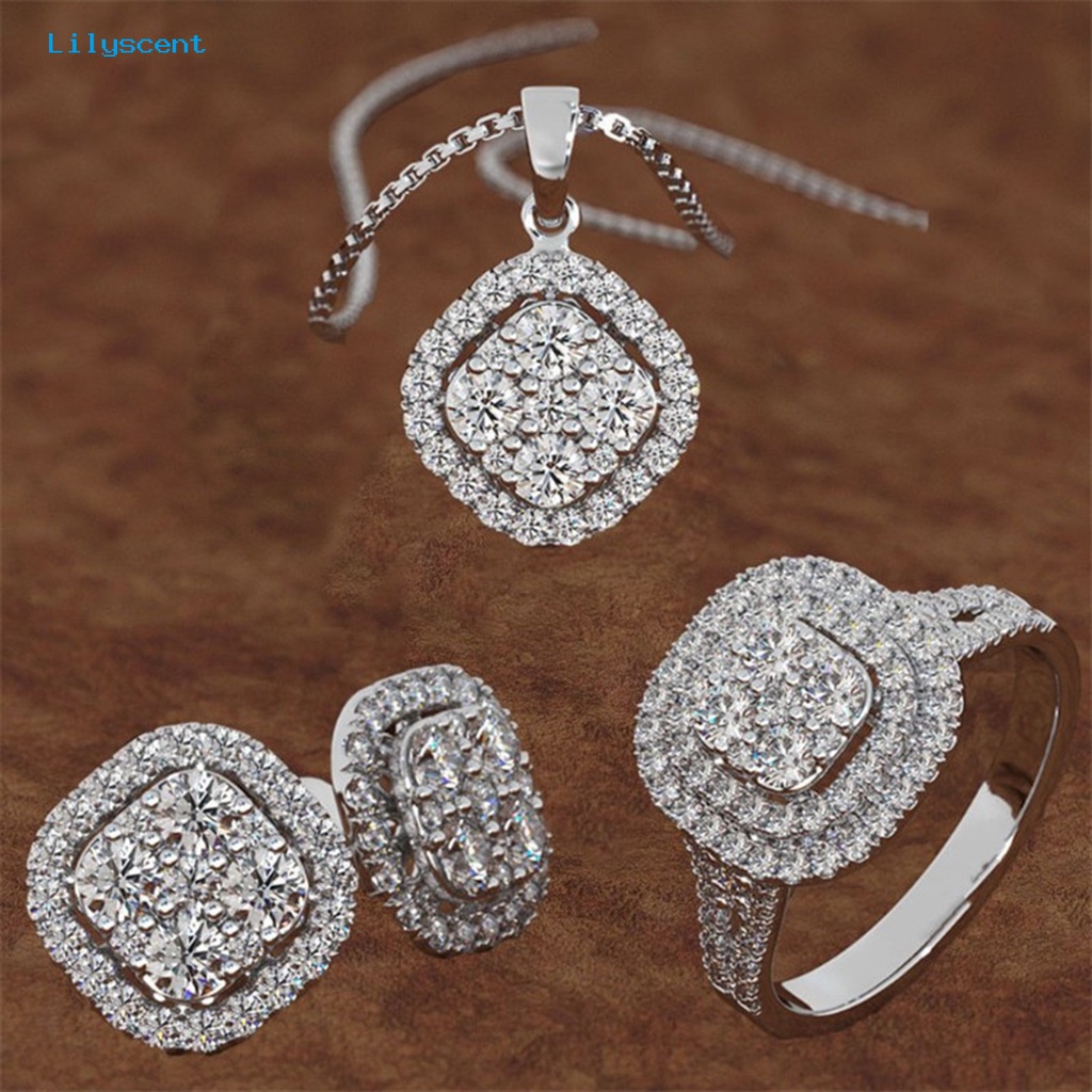 [LS] 3 Pcs/Set Cincin Pengantin Electroplating Bentuk Geometris Mengkilap Mewah Menawan Dress Up Pengerjaan Halus Gaun Pernikahan Berlian Imitasi Stud Anting Kalung Set Perhiasan Aksesori