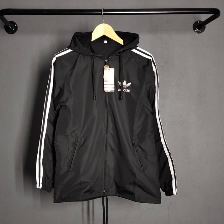 Viral Jaket Pria Parasut Adidas Windbteaker Hitam List Putih XL XXL - Jaket Parsut Jumbo - Jaket Ola