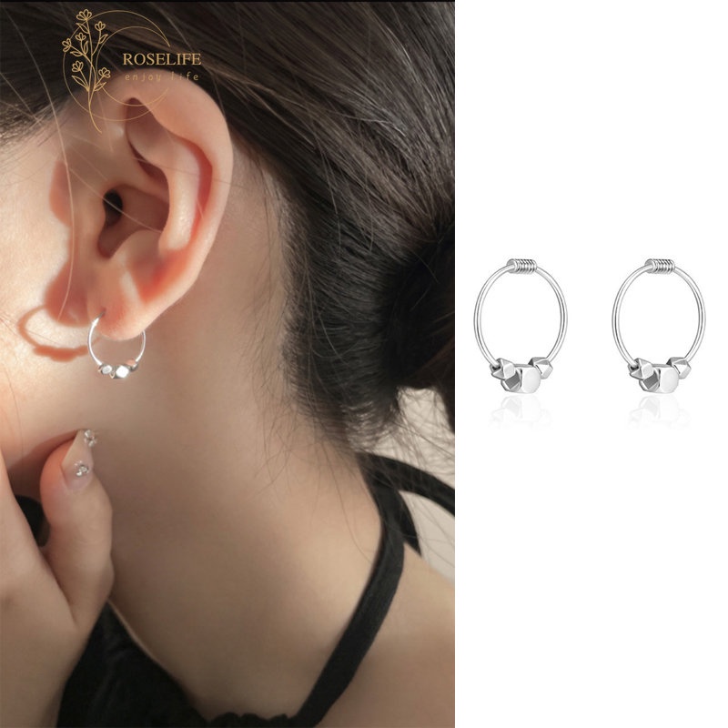 Roselife 2 Pcs Chic S925 Perak Kecil Kubus Hoop Anting-Anting Untuk Wanita Perempuan Elegan Geometris Pesona Bulat Anting-Anting Fashion Telinga Perhiasan