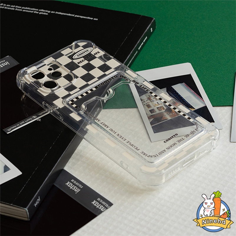 Oppo A17 A17K A57 A77 A77s A16 A16K A15 A15s A3s A5s A76 A96 A74 A54 A94 A95 A92 A52 A53 A5 A9 Reno 58z 7Z 6Z Tempat Slot Dompet Kotak-Kotak Putih Phone Case Sarung Pelindung Shockproof