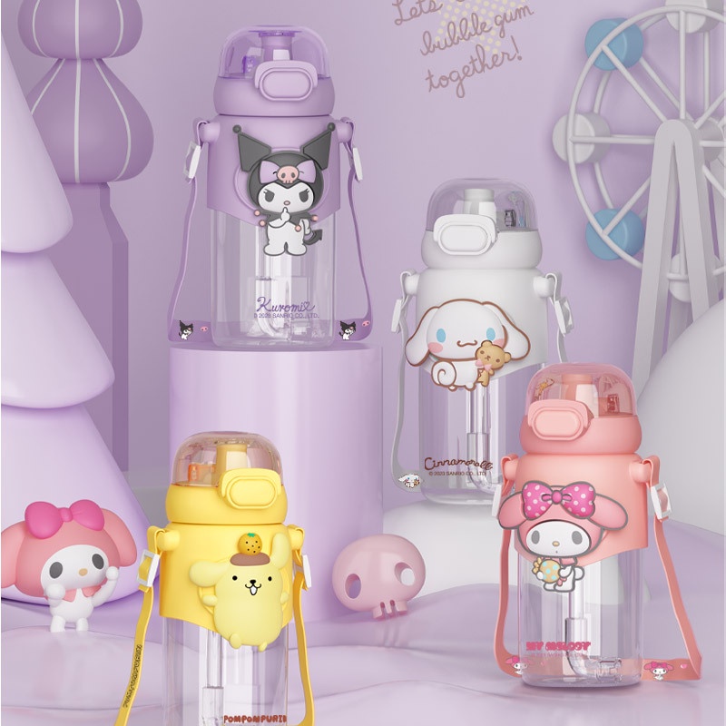 Mug 600Ml Sanrio Thermos Cangkir Air Cangkir Termos Mug Lucu Kartun Cinnamoroll Kuromi Melody Botol Air Plastik Portabel Tahan Lama untuk Hadiah Anak-anak