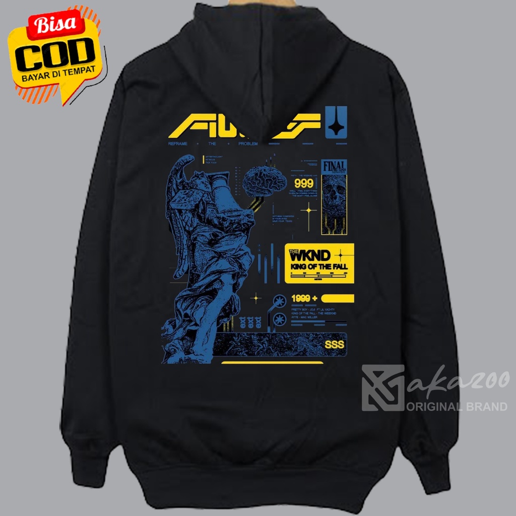 sweater hoodie pria distro oversize 2023 akazoo warna hitam WKND KING OF THE FALL gambar blakang sablon saku gold ziper cowok terlaris