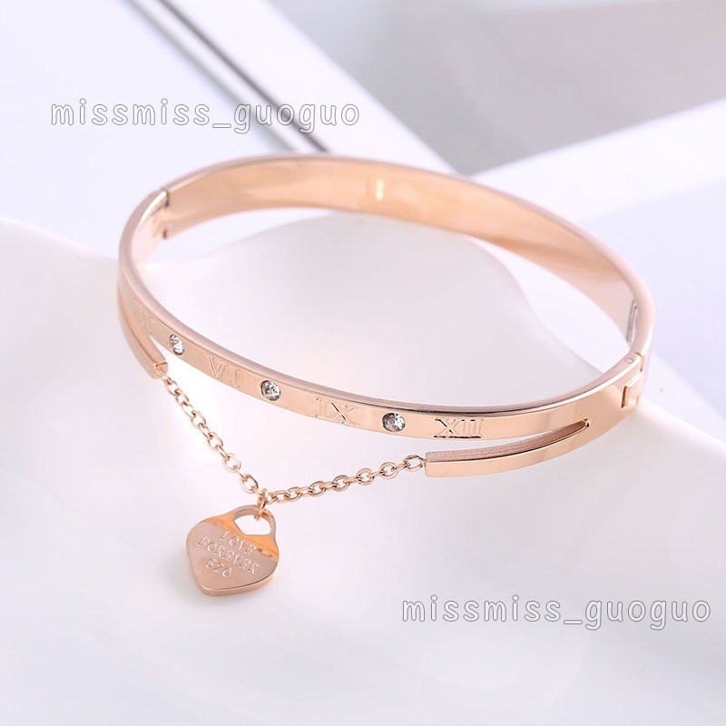 Gelang Liontin Hati Angka Romawi |  Aksesoris Bahan Titanium Steel 18K Warna Rose Gold | Perhiasan Bahan Stainless Steel Untuk Hadiah