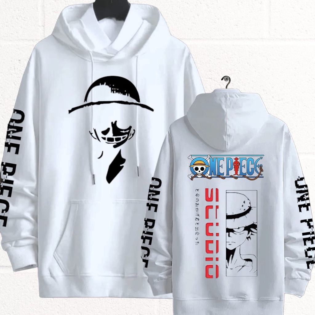 Atasan Jaket Hodie Anime Oversize Hoodie Pria Wanita Sewiter Hodi Animasi Kartun Jepang Suwiter Hody Hip Hop Keren Cowok Cewek Switer Switter Hudi Hudie Hudy Hody Distro Keren Terbaru Kekinian-ONEPIECE PUTIH