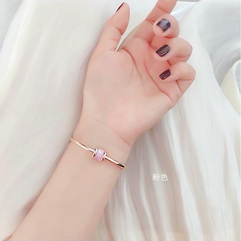 Gelang Tangan Titanium Steel Lapis Rose Gold 18K Hias Batu Kristal Es Gaya Jepang Korea Selatan