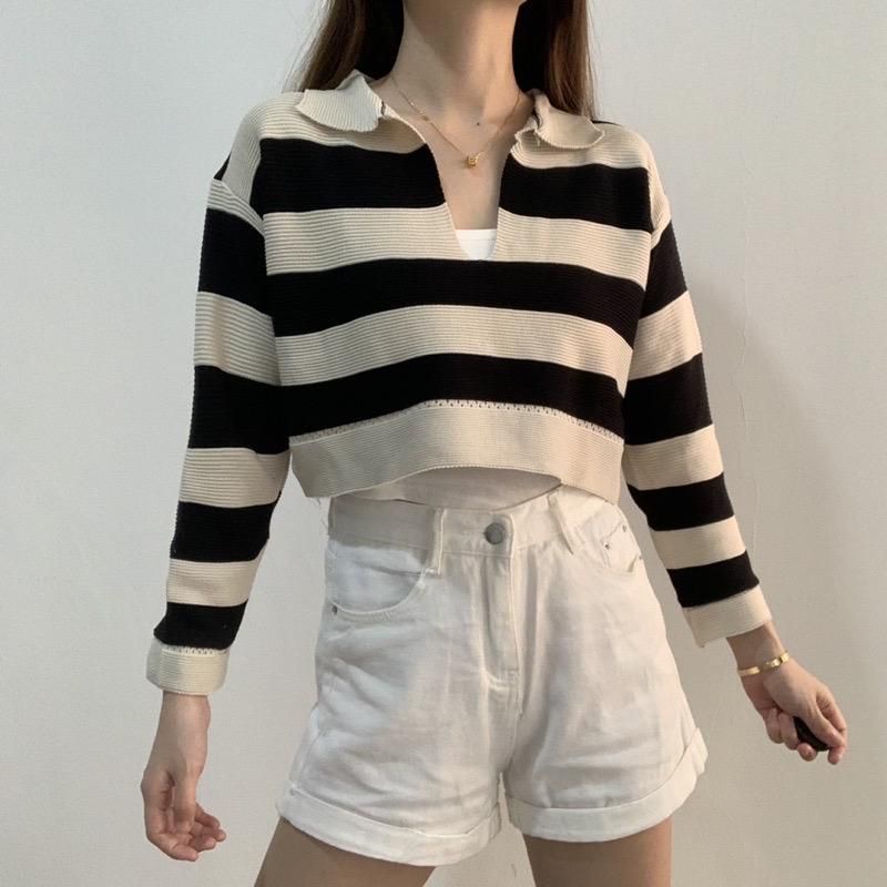 RAJUT SWEATER CROP TOP | CROP TOP GARIS GARIS | CROP SALUR | LEHER V | KNIT RAJUT PREMIUM ATASAN WAN