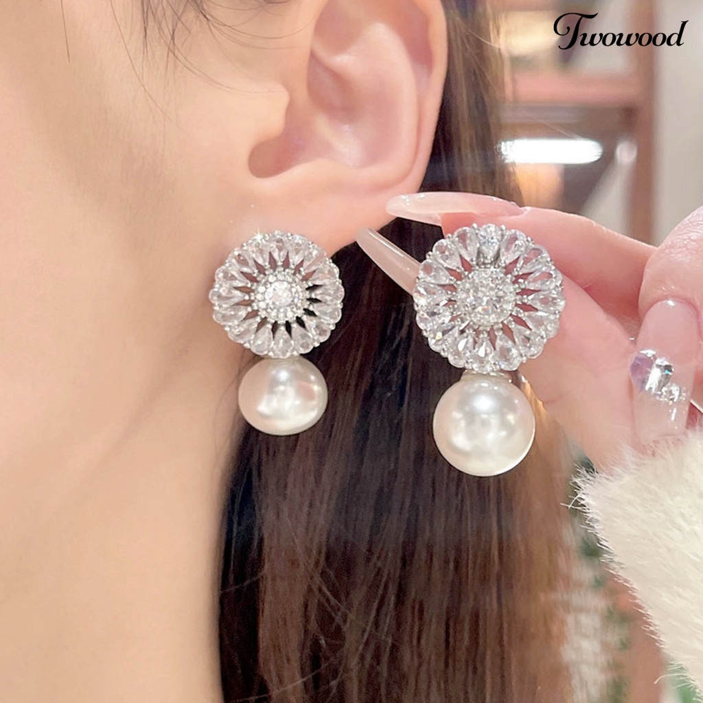 Twowood 1pasang Drop Earrings Cubic Zirconia Shiny Charming Geometric High-end Dekorasi Aksesori Baroque Bunga Imitasi Mutiara Anting Perhiasan Pertunangan