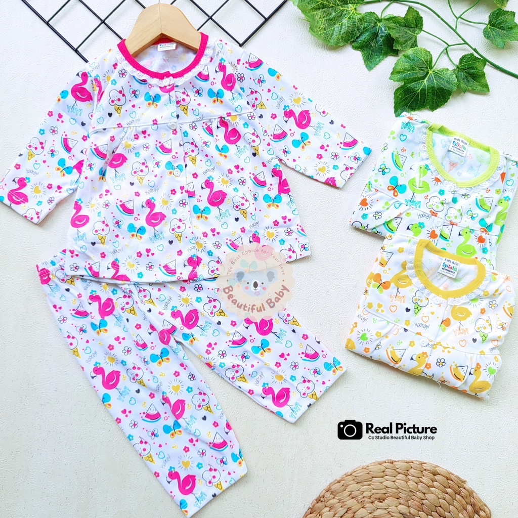 Baby.ou - Setelan Baju Bayi Lengan Panjang Celana Panjang Motif Flamingo Flowers / Setelan Piyama Bayi Perempuan 3-12 Bulan / Baju Bayi Perempuan Syifana