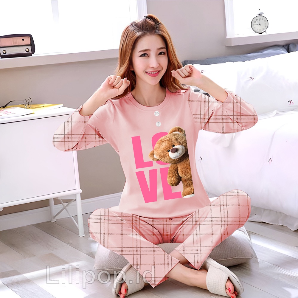 Lilipop.id  Baju Tidur Wanita Love tedy Bear Celana Panjang PP Allsize Lengan Panjang Baby Doll Bahan Kaos Dewasa