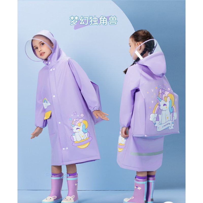 Jas Hujan Anak-anak motif ungu unicorn dengan ruang ransel resleting topi pelindung