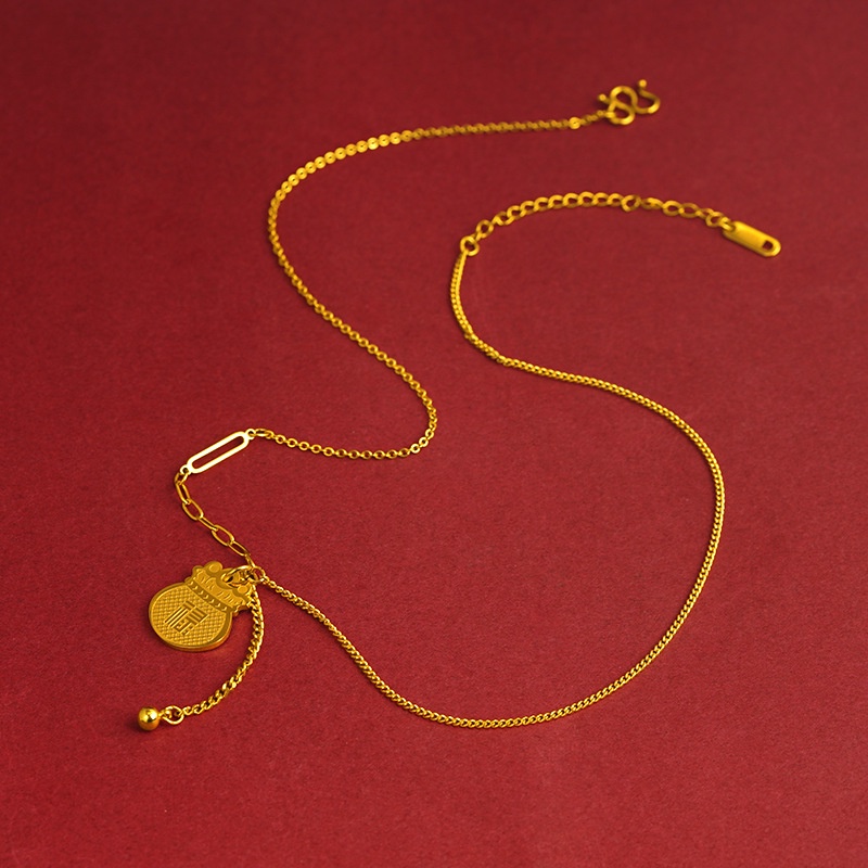 Goldkingdom Perhiasan Fashion Emas Asli Kadar 375Bangkok Aksesoris Ready Stock Fu Lu Rumbai Sepuhan Liontin Fu Tas Kunci Emas Kalung Untuk Wanita