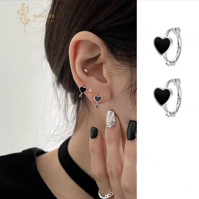 Roselife Keren Fashion S925 Perak Hitam Cinta Hati Anting Hoop Kecil Untuk Wanita Perempuan Korea Chic Geometris Bulat Anting-Anting Perhiasan 1pasang