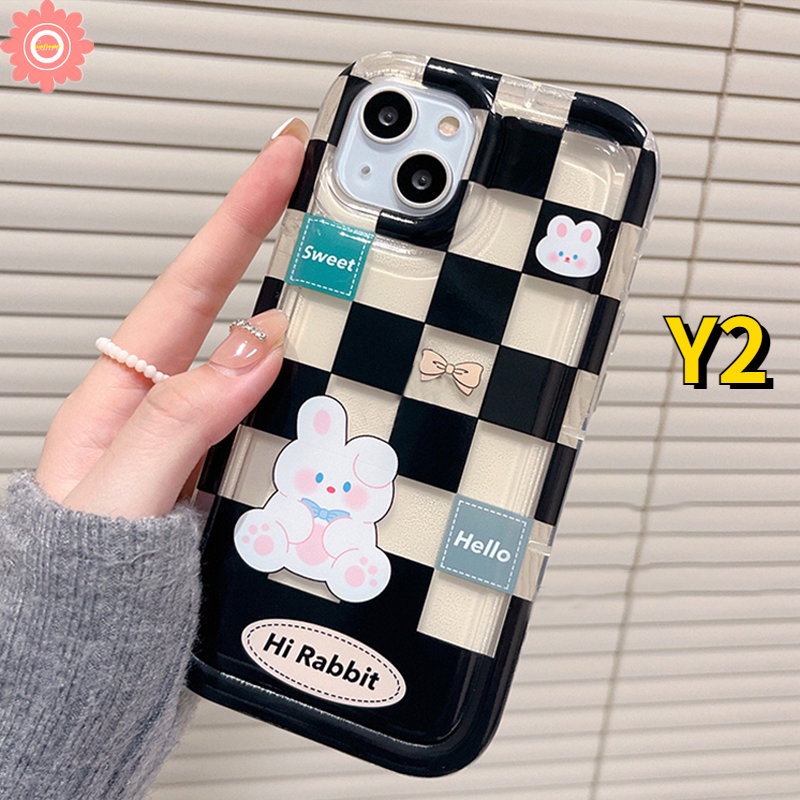 Vivo Y17 Y15 Y35 Y16 Y02S V25E V25 Y02 Y15A Y91 Y12i Y22 Y12 Y11 Y21 Y01 Y15s Y20 Y22s Y33s Y30 Y20i Y21s Y12s Y93 Y95 Y91C Y50 Checkerboard Cute Bear Rabbit Shockproof Airbag Case