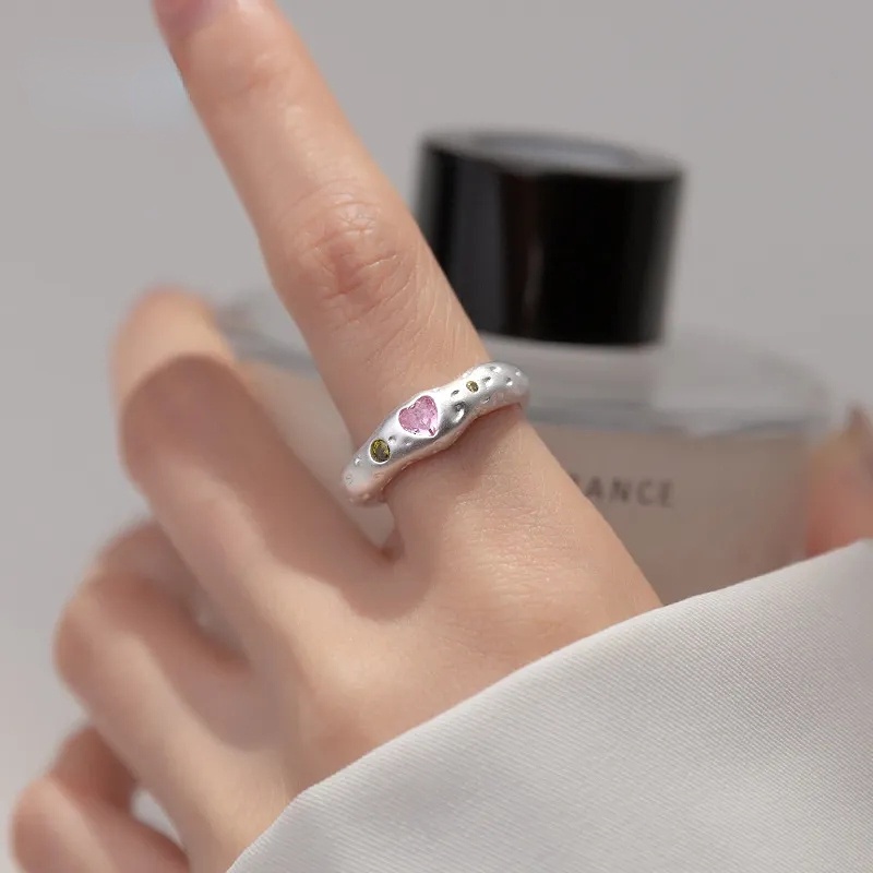 Y2k Vintage Irregular Silver Color Rings Adjustable Open Ring Korea Pink Heart Zircon Ring Minimalis Estetik Perhiasan Trendi