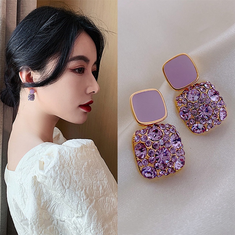 Ungu Berlian Imitasi Penuh Persegi Pejantan Anting-Anting Perempuan Indah Fashion Manis Kualitas Tinggi Temperamen Eropa Dan Amerika Perhiasan