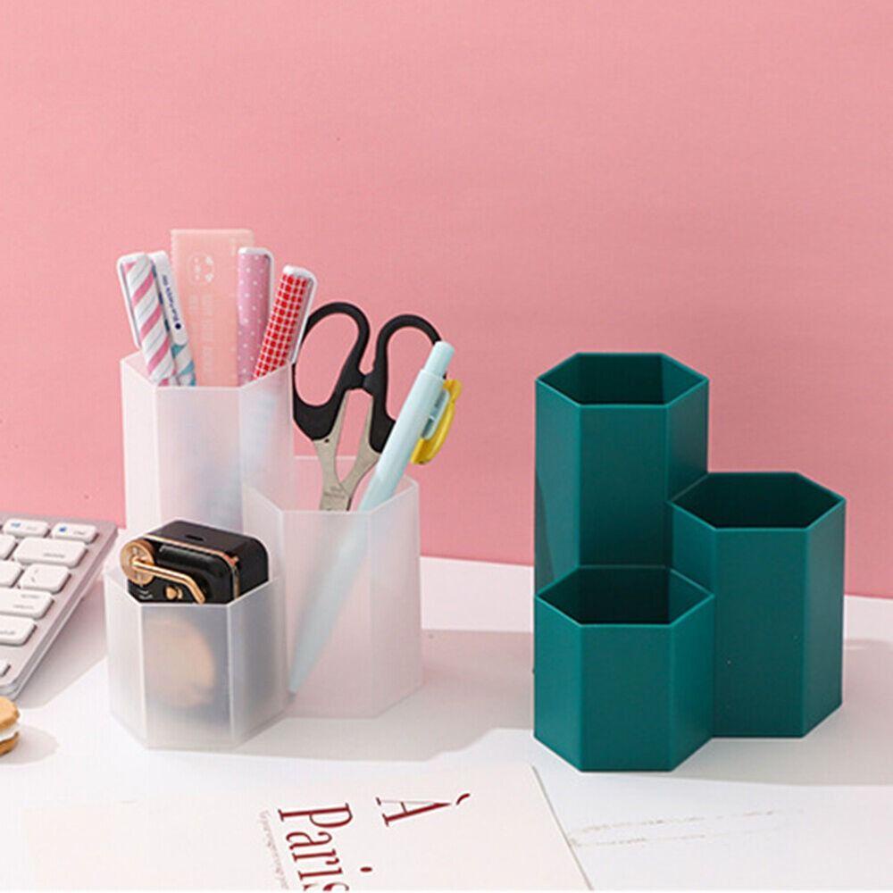 R-flower Hexagonal Rhombus Storage Pen Holder Wadah Sikat Plastik Desktop Storage Three-compartment Storage Pen Box