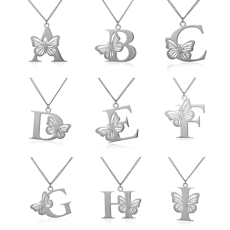 Dainty Kalung Huruf Kupu-Kupu Besar Untuk Wanita Gadis Perhiasan Rantai Stainless Steel Kalung Liontin Inisial