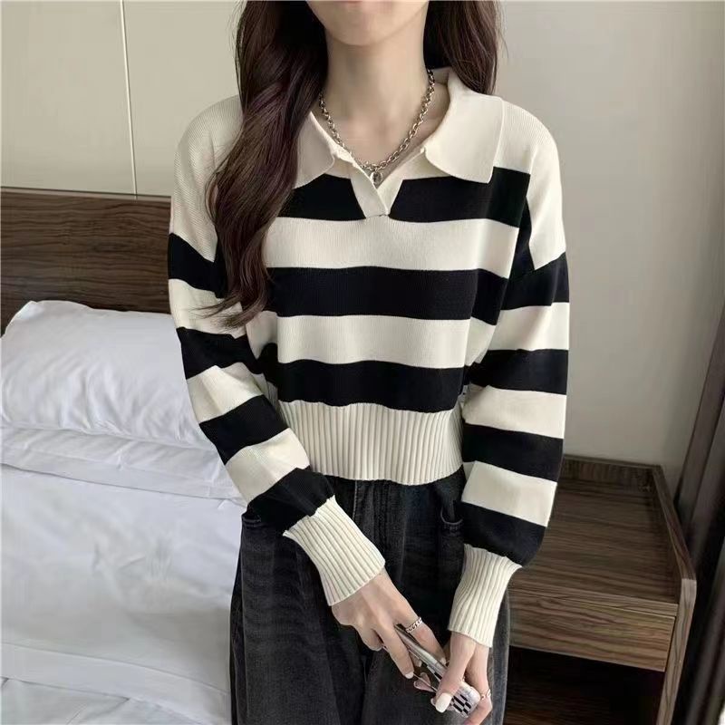 Kemeja Stripe Rajut Wanita Lengan Panjang Sweater Wanita Oversize Style