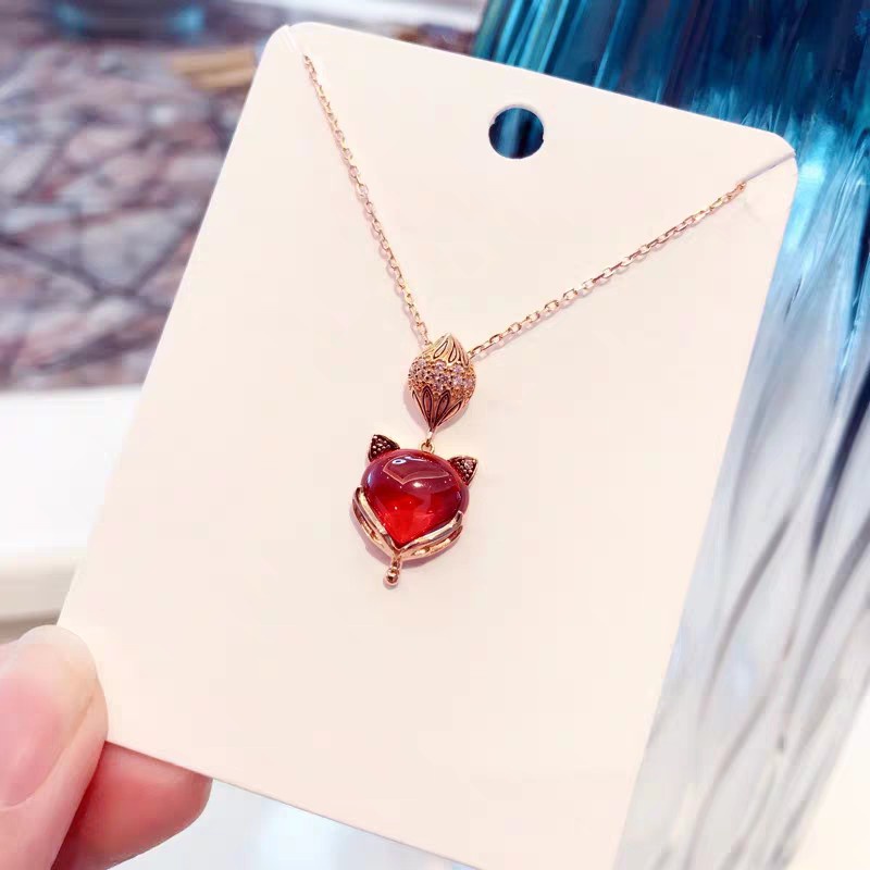 Kalung Desain Rubah | Perhiasan Korundum Warna Merah | Aksesoris Warna Rose Gold 18k Untuk Wanita