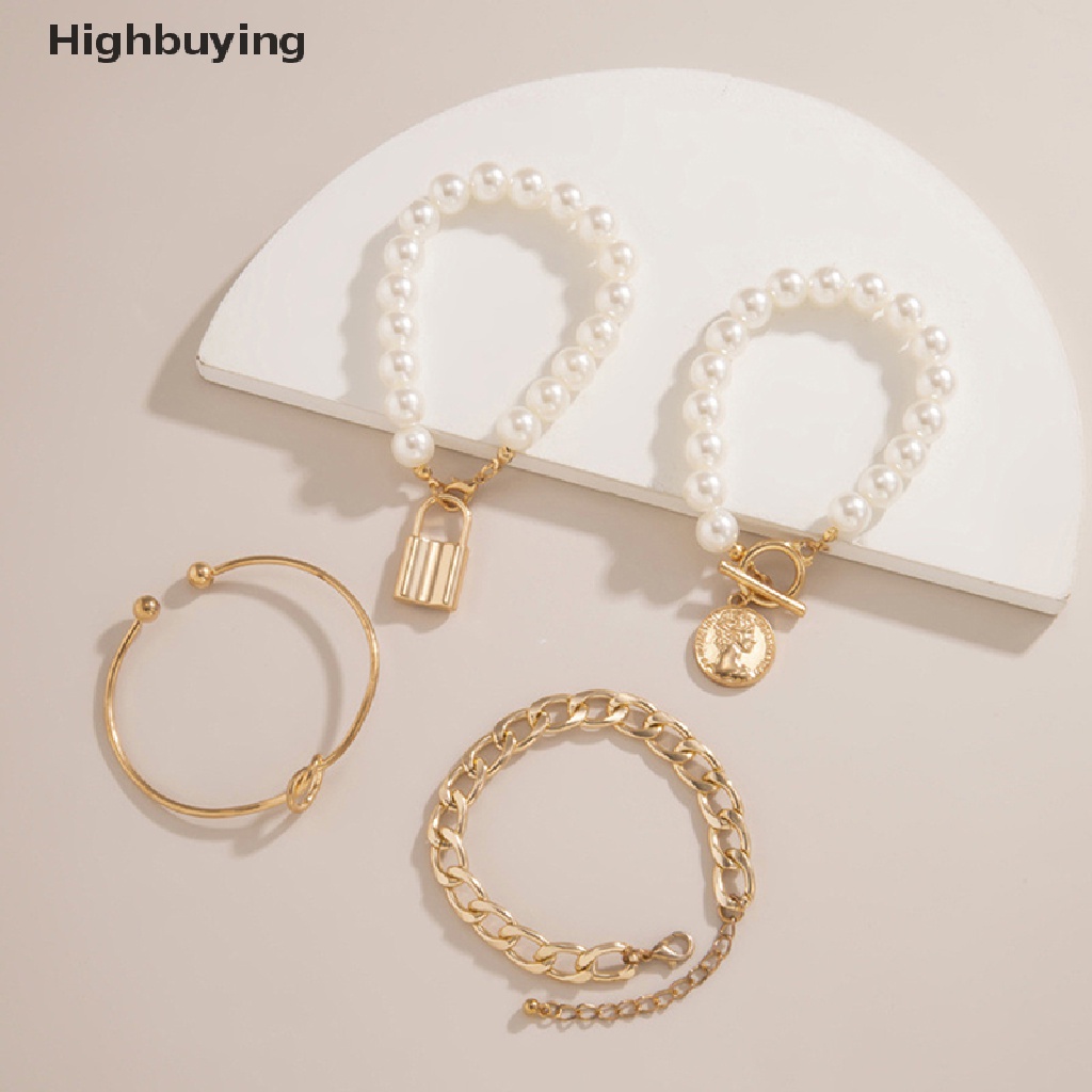 Hbid 4pcs Bohemian Multilayer Rumbai Mutiara Gelang Untuk Wanita Geometris Bulat Koin Manik-Manik Kunci Tangan Rantai Pesona Gelang Set Perhiasan Hadiah Glory