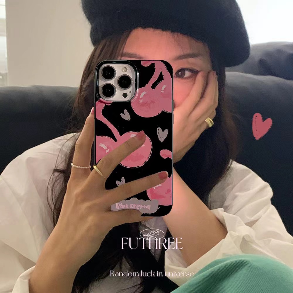 IPHONE Ins Pink Cherry Cocok Untuk Iphone14 14pro 14plus 13 13mini 13pro 13prm iPhone12 7Plus 8Plus Xr XS 13 12mini Pro Max TPU Empat Sudut Casing Ponsel Tahan Guncangan