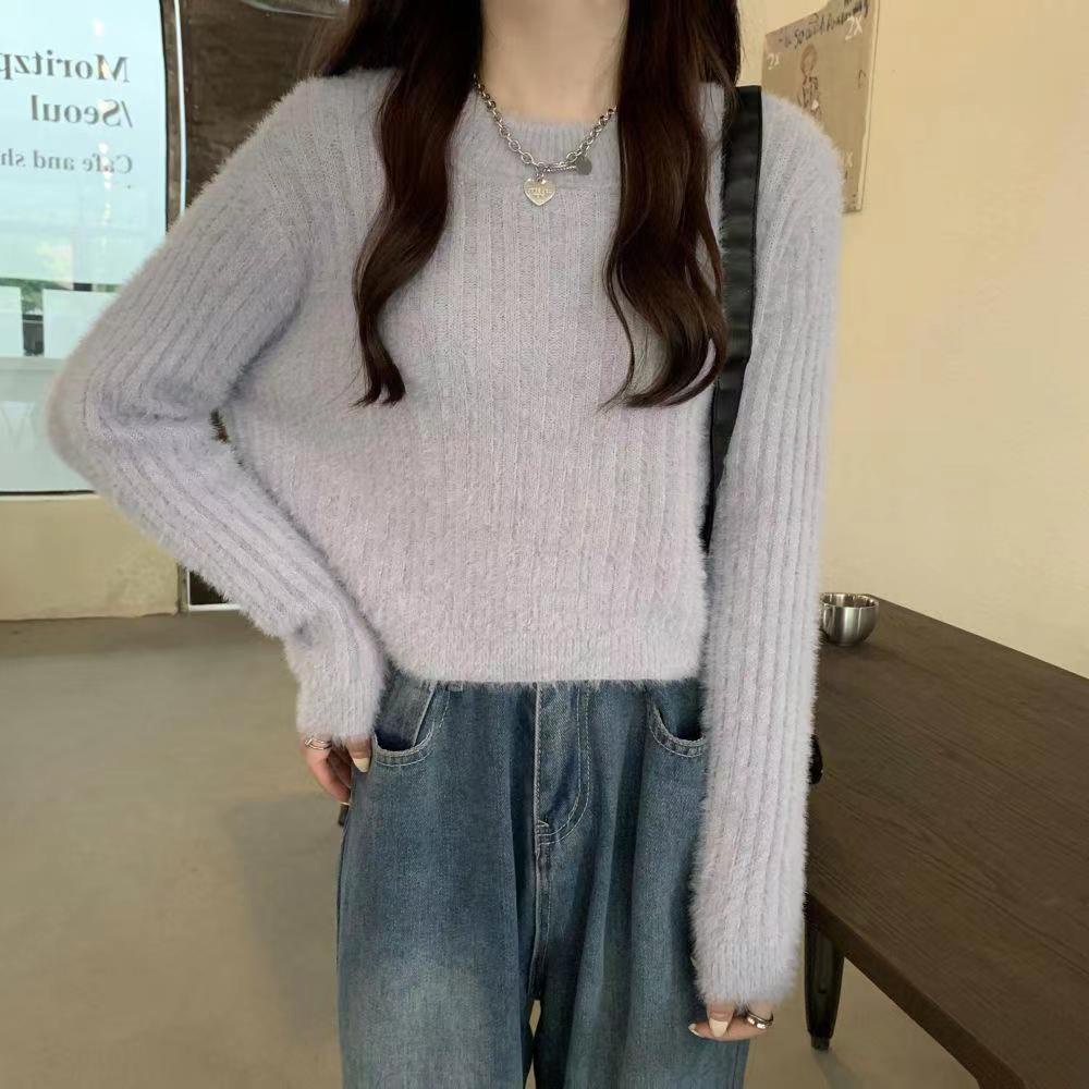 Polos Baju Rajut Crop Lengan Panjang Sweater Knit Crewneck Top