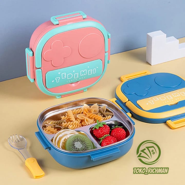 Kotak makan anak anti tumpah 3 sekat Luch Box Tedemei robot 550ml