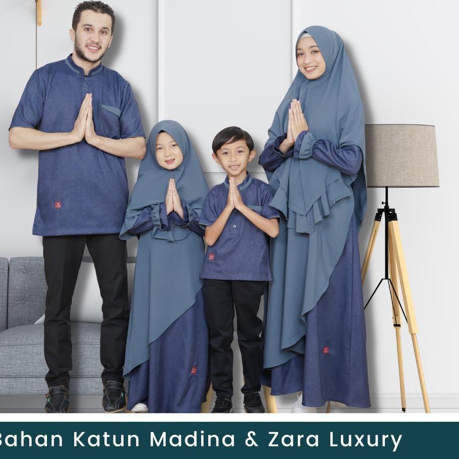 Baju Couple Keluarga Sarimbit Keluarga Muslim Baju Lebaran Koko Pria Dewasa Anak Warna Biru Blue Denim Bahan Katun  ✔
