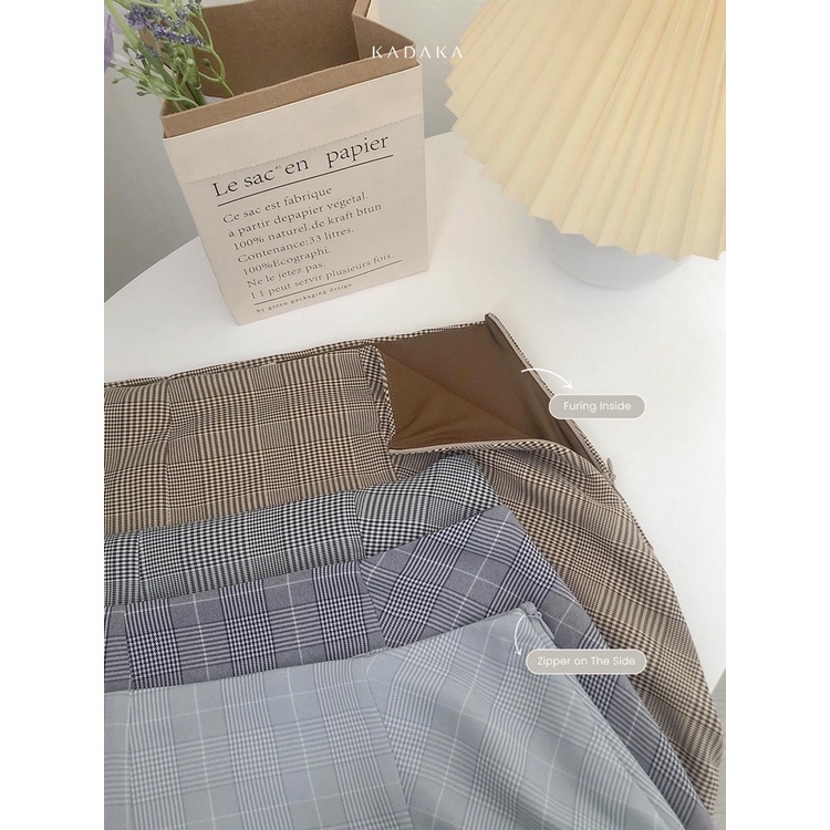 Kadaka B-0183 Midi Plaid Skirt Rok Wanita Korean Look Detail Slit