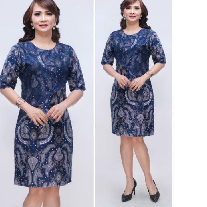 COD - Dress Batik Modern Jumbo 4L-5L Kombinasi Brokat Tunik Big Size Seragam Batik Kantor Wanita DVN