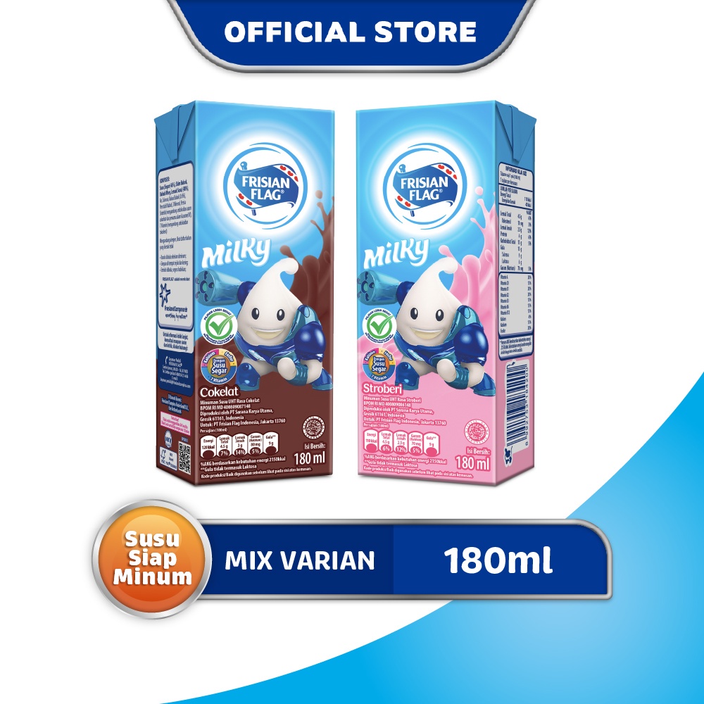 

Frisian Flag UHT Milky Cokelat 180ml + Frisian Flag Milky UHT Stroberi 180ml