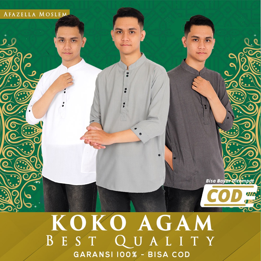 Baju koko pria dewasa kemeja koko pria kemko muslim kurta pendek panjang 3/4 - Agam 2