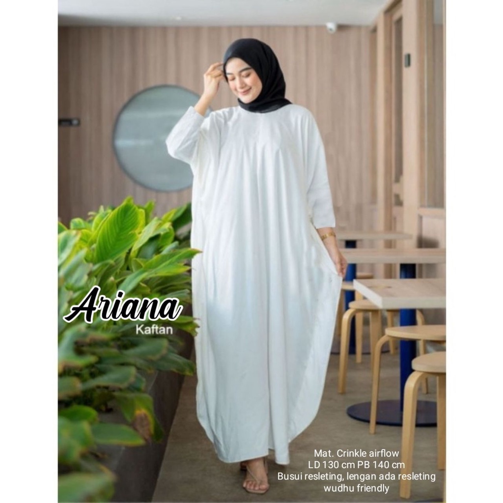 Ariana Kaftan Wanita Jumbo Crinkle Airflow Premium Gamis Terbaru Polos Bigsize Baju Wanita Muslim Kekinian LD 130 cm