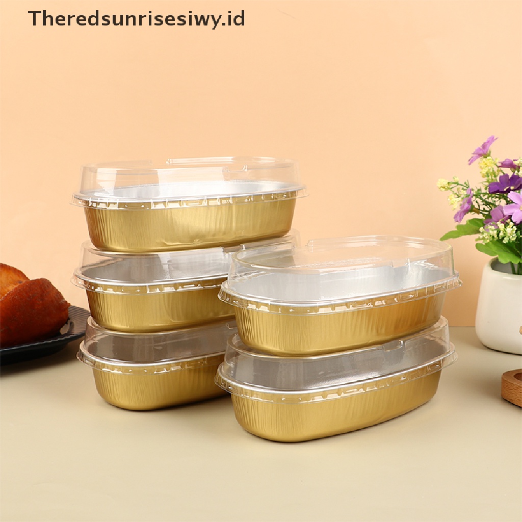 # New # 5pcs Kotak Kue Aluminium Foil Oval 350ML Dengan Tutup Plastik Cup Kemasan Kue~