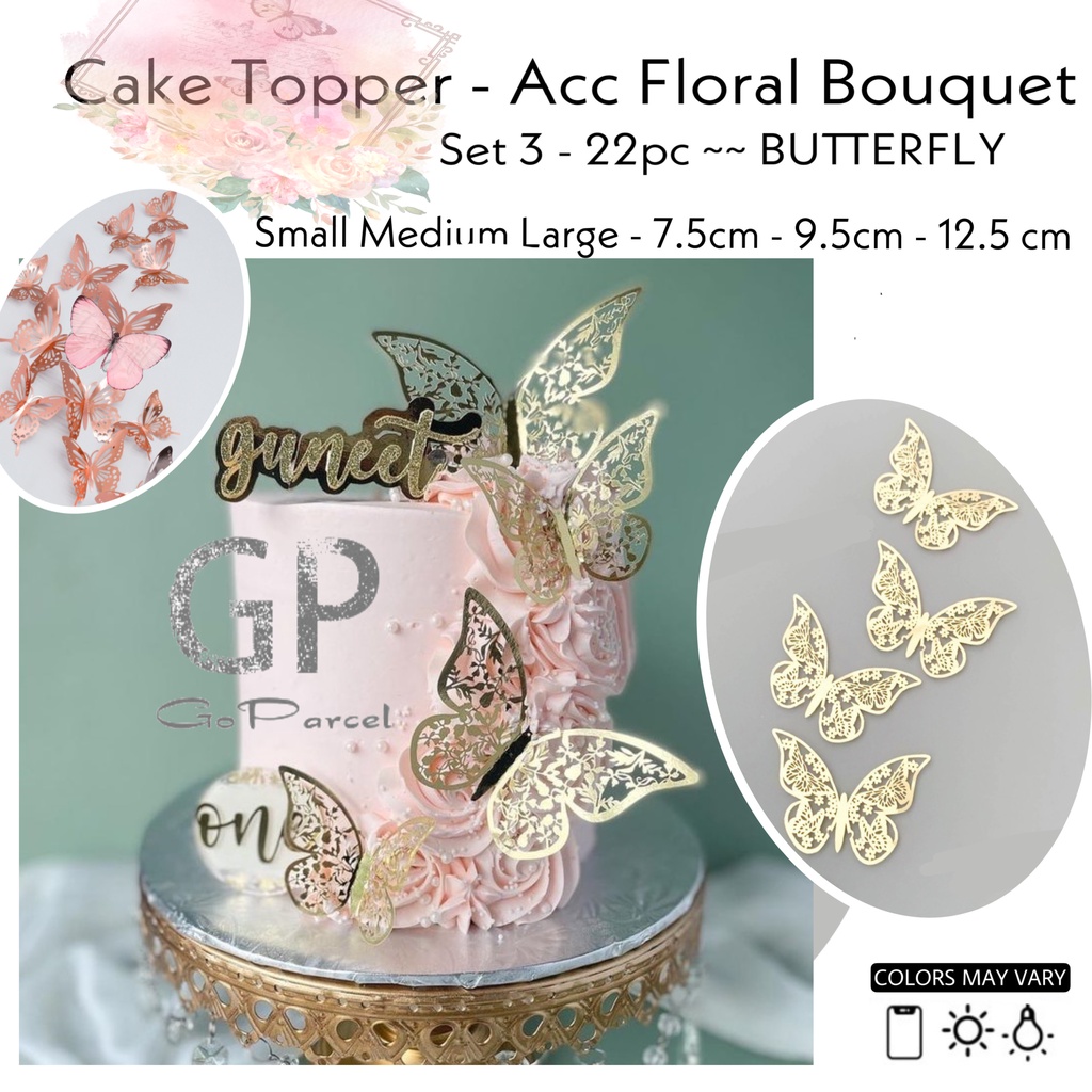 CAKE TOPPER BUTTERFLY / TEMPELAN KUPU KUPU HIASAN DEKORASI KUE /  ACCESSORIES FLOWER BOUQUET / HIASAN BUKET BUNGA AESTHETIC 3D PROPERTI - RUSTIC GOLD SILVER ROSEGOLD