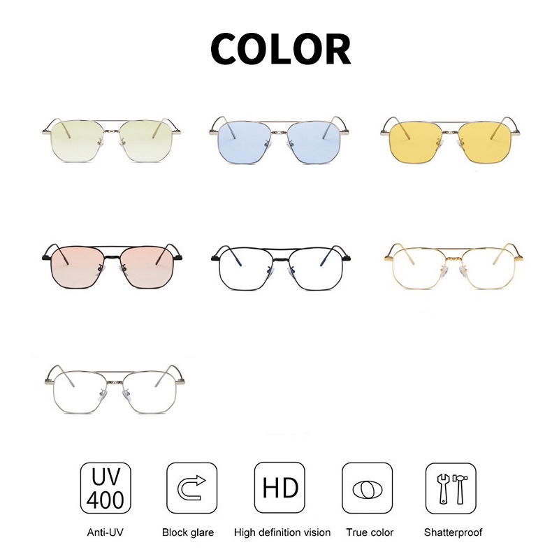 (YUZHU) Korean Fashion Bingkai Logam Double Beam Sunglasses Mode Baru Bingkai Persegi Anti Cahaya Biru Kacamata Unisex